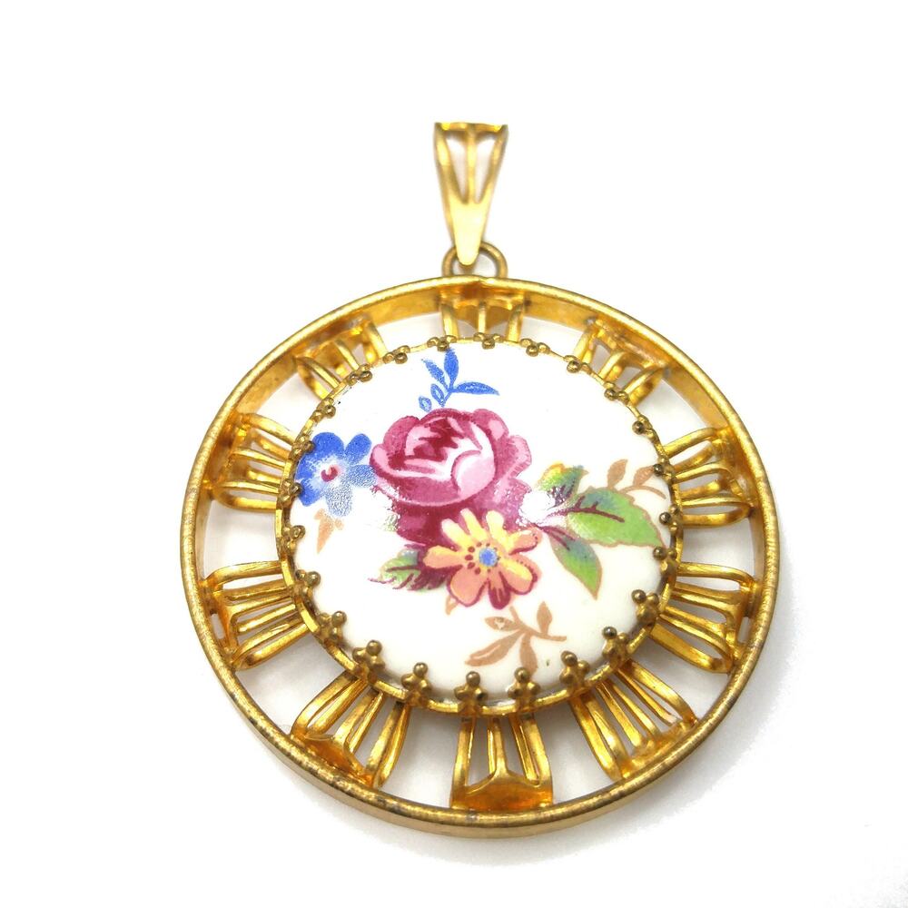 Vintage Floral Porcelain Round Pendant, Gold Tone Frame, 1960s Jewelry